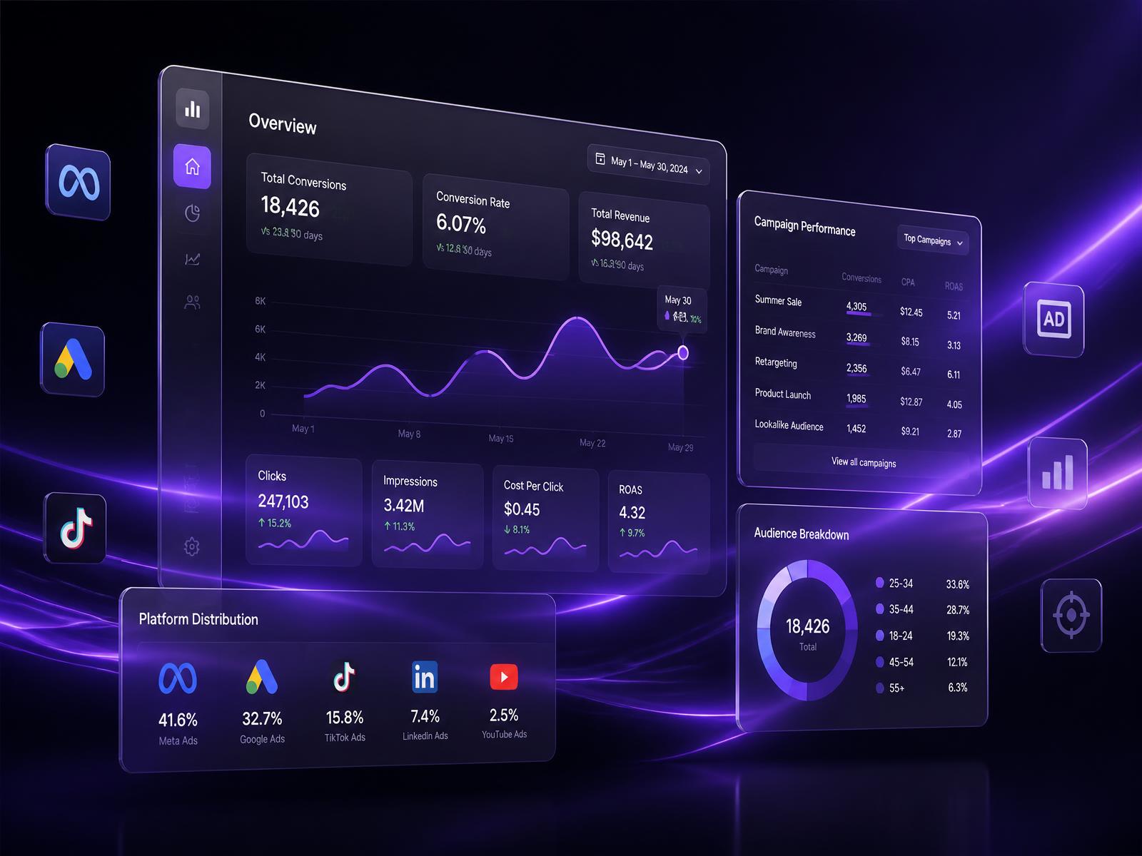 Abstract advertising analytics dashboard with campaign performance charts in purple lighting